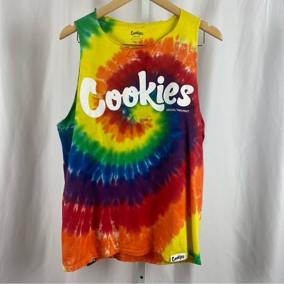 Cookies Medium Vibrant Bright Tie Dye Swirl Hippie Boho Cut Off Tank Top Beach - Picture 1 of 10